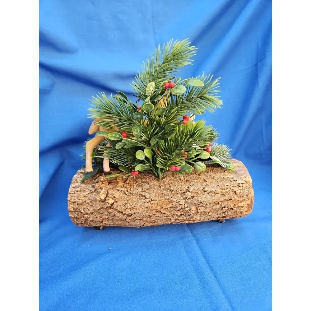 Christmas Reindeer Yule Tide Log Centerpiece Flocked Plastic Poinsettia 10